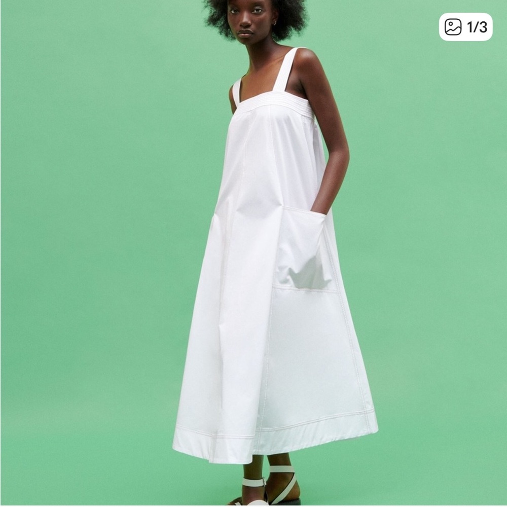 Zara White Topstitched Midi Dress